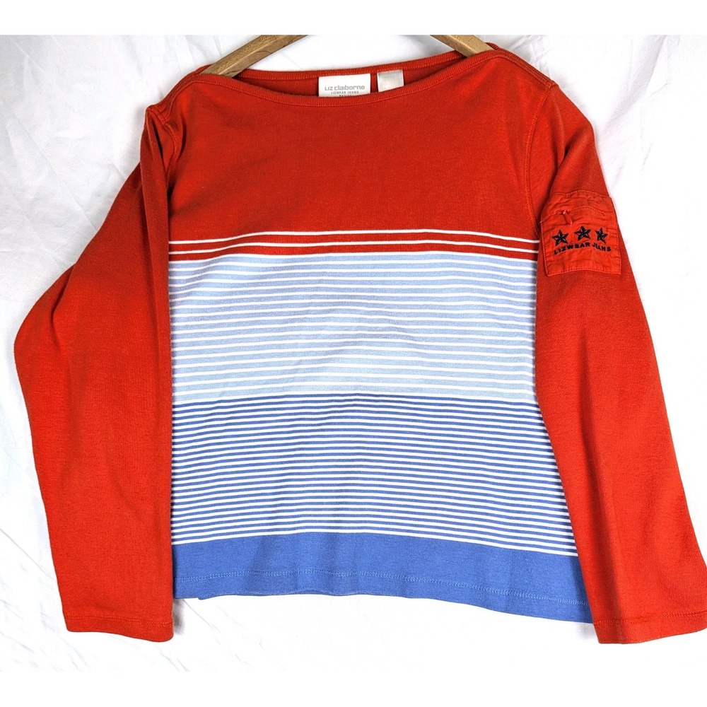 Retro Orange Blue Striped Boat Neck Long Sleeve Pullover Petite Coastal